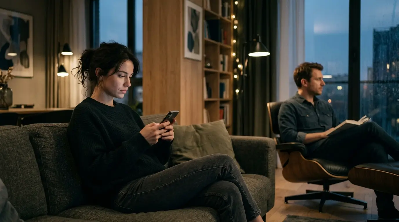 Person tilting their phone away, hiding a message, a subtle sign of microcheating